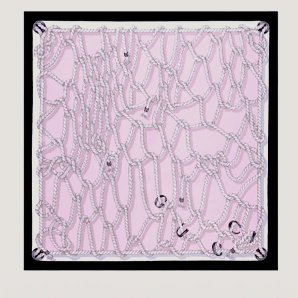 New Gucci Silk Scarf Pink Ropes Print Black Border Silk Wrap Scarf - Picture 9 of 15